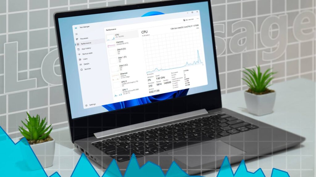 a laptop with the windows 11 task manager open showing a graph indicating low resource usage.jpg