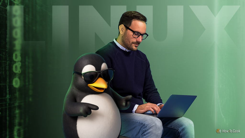 3 trendy Linux apps to take a look at this weekend (April 10 a man using a laptop next to tux the linux mascot wearing sunglasses.png