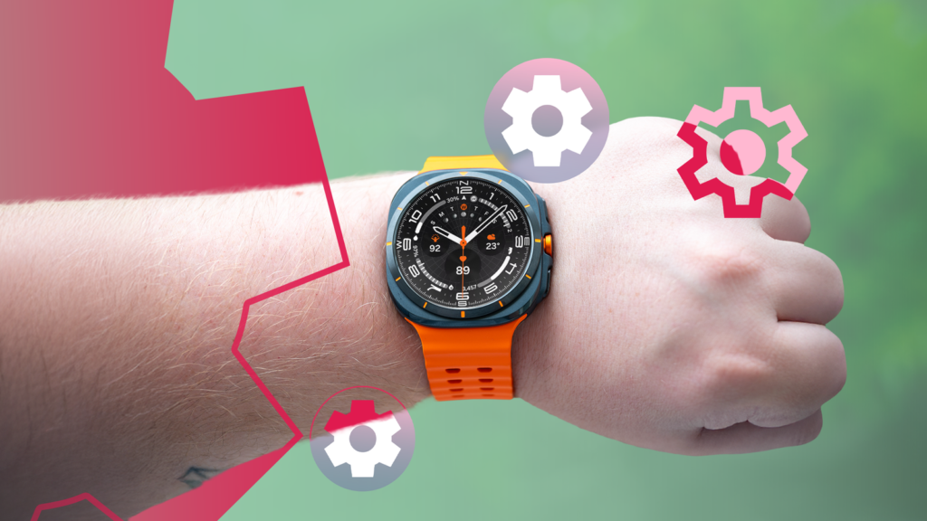 a person wearing a samsung galaxy watch surrounded by floating settings icons.png