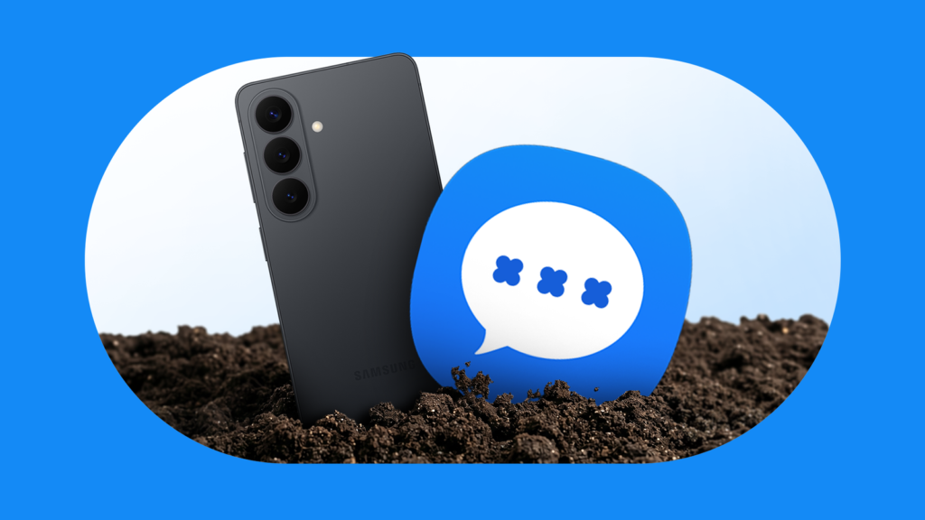 a samsung galaxy phone and the samsung messages icon partially buried in a pile of soil.png