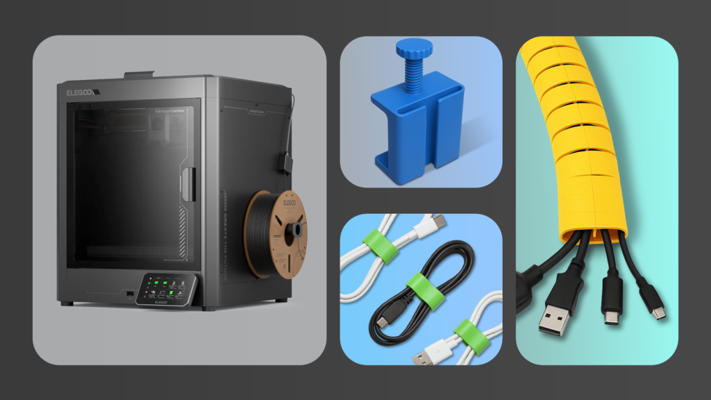 an elegoo centauri carbon 3d printer and some organized cables beside it.png