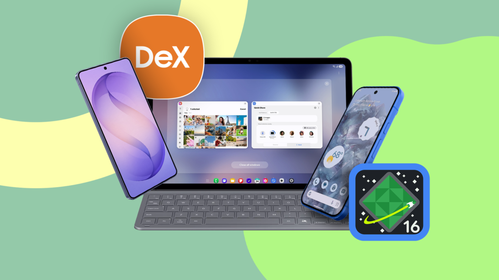 an illustration comparing samsung dex and android 16 desktop mode featuring a tablet with a keyboard.png