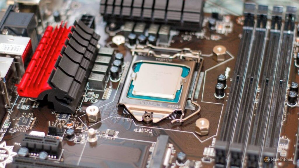 an old cpu on a motherboard without ram.jpg