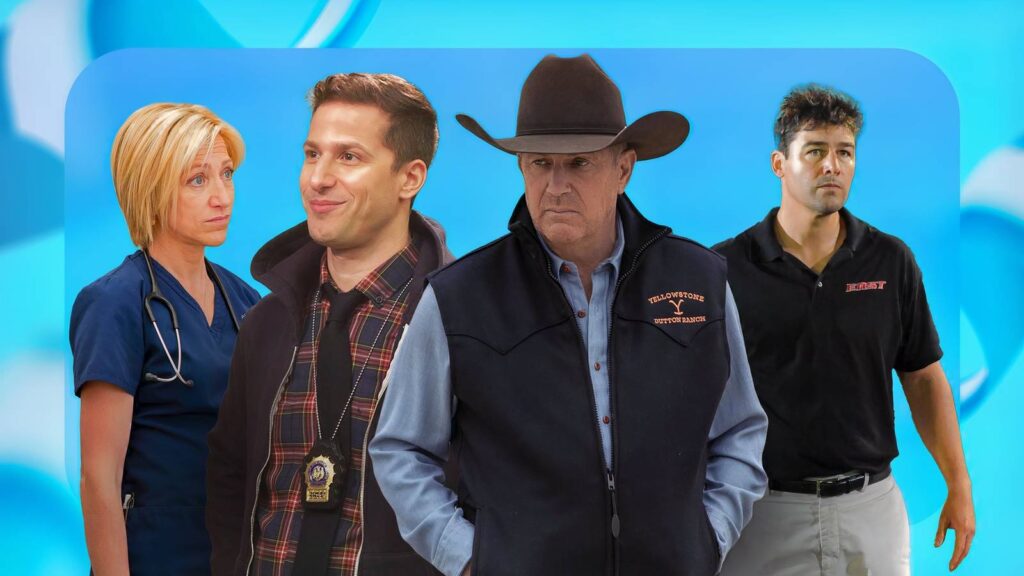 characters from friday night lights nurse jackie yellowstone and brooklyn nine nine on a light bl.jpeg