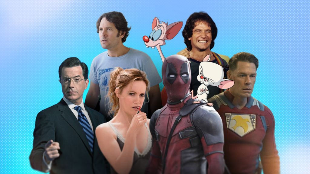 collage of characters from mork mindy pinky and the brain the colbert report deadpool peacemaker and.png