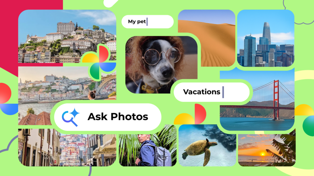 google photos collage featuring search categories for pets and vacations with a prominent ask photos.png