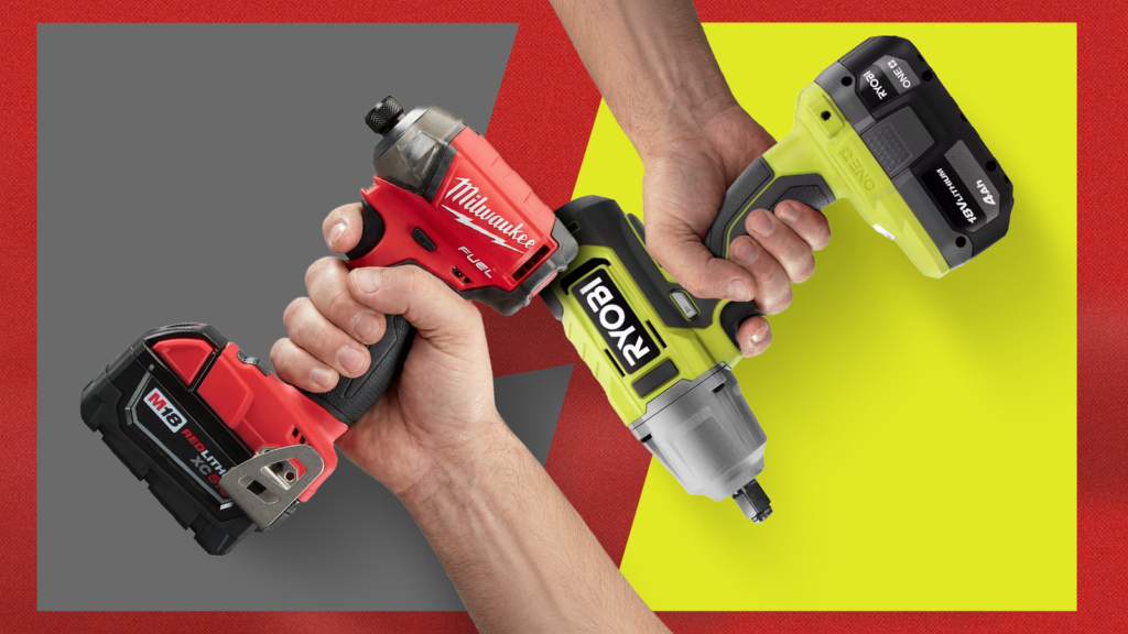 hands holding a milwaukee tool and a ryobi tool against a split gray and yellow background.png
