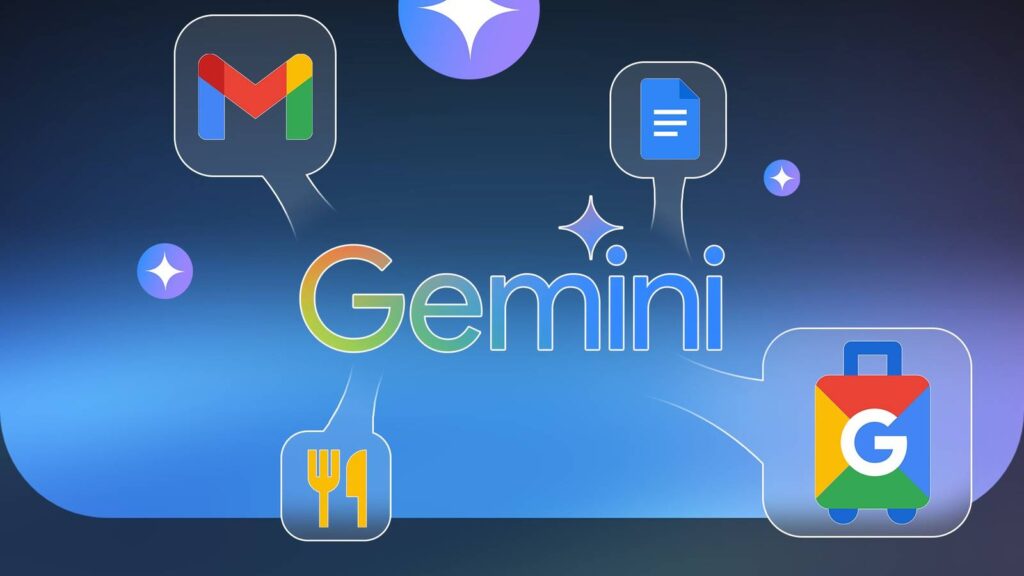 illustration showing the gemini logo at the center surrounded by gmail docs restaurant and google tr.jpeg