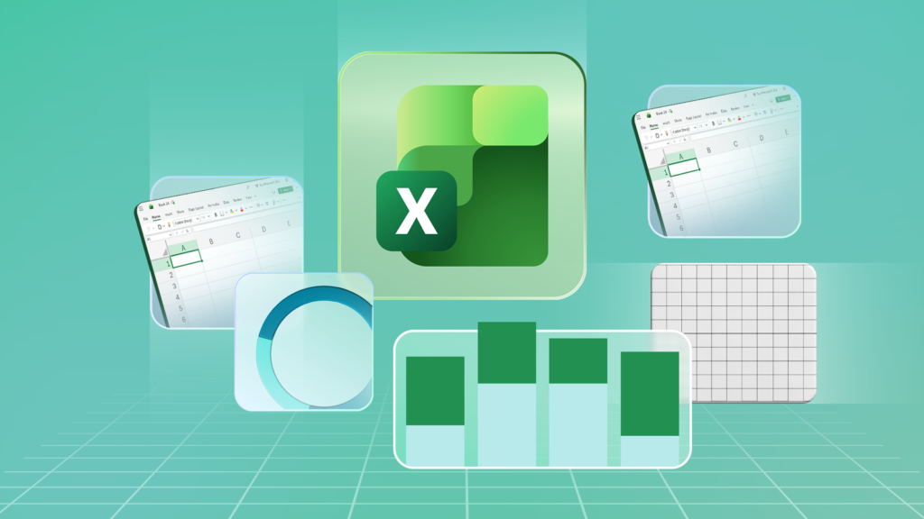 microsoft excel logo surrounded by floating spreadsheet screenshots and data visualization icons.png