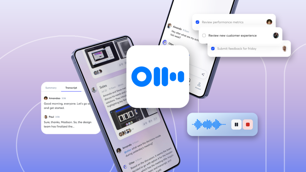I attempted each and every loose AI note-taking app and located the person who in reality works otter ai logo with floating smartphone screens showing transcripts summaries and a checklist.png