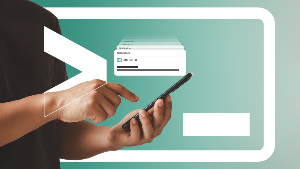 person holding a smartphone with the ntfy sh logo in the background and notifications appearing on t.png