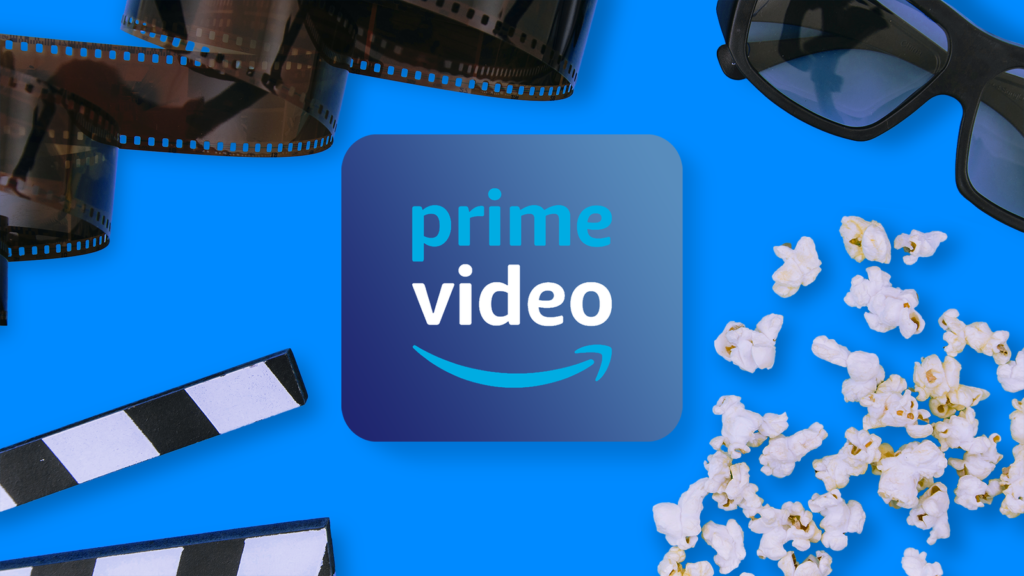 prime video logo on a blue background surrounded by a film strip clapperboard 3d glasses and popcorn.png