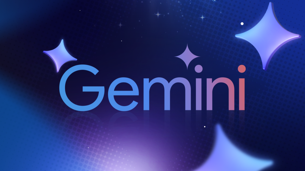 the gemini logo is surrounded by sparkle icons on a dark blue background.png