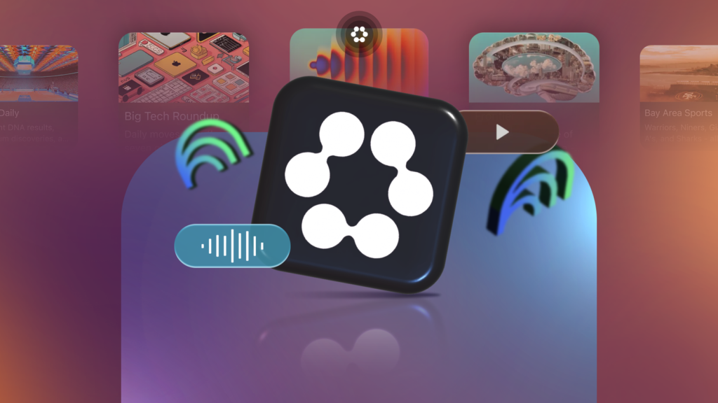 the huxe logo surrounded by floating digital podcast cards with the notebooklm logo blurred in the b.png