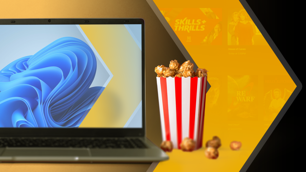 windows 11 laptop next to a striped popcorn bucket with the plex logo and blurred streaming content.png