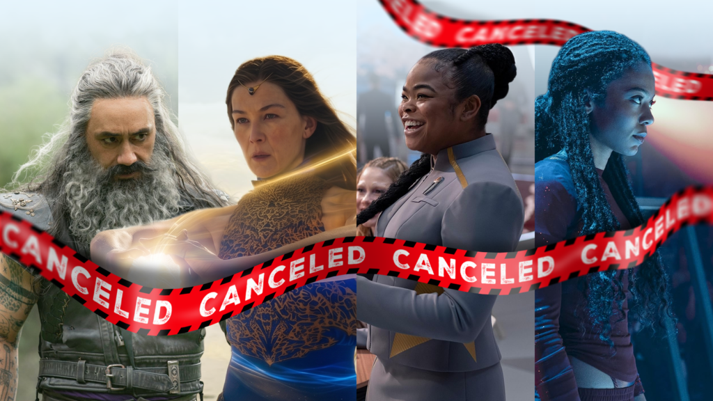 a collage of characters from blackbeard the wheel of time starfleet academy and gen v with red cance.png