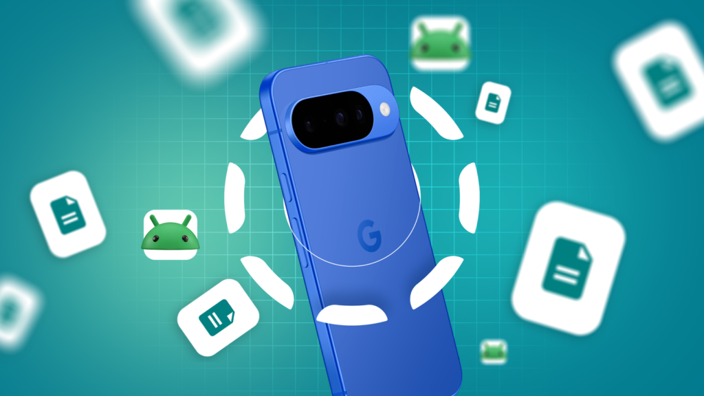 a google pixel phone surrounded by document icons and android mascots with the localsend logo in the.png
