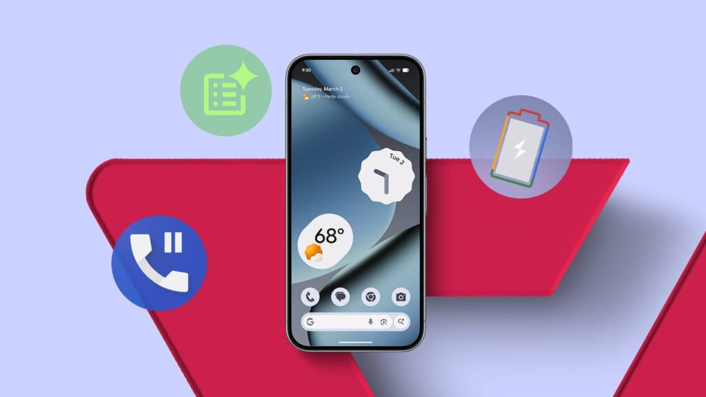 a google pixel smartphone surrounded by circular icons for hold for me call notes and adaptive charg.jpeg