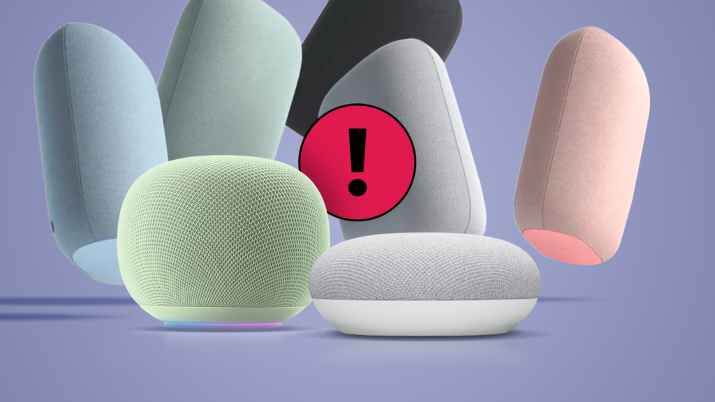 a group of google home and nest smart speakers floating around a large red exclamation mark icon.png