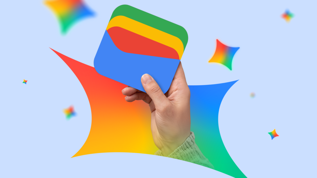 a hand holding a google wallet icon against a background of colorful floating gemini logos.png