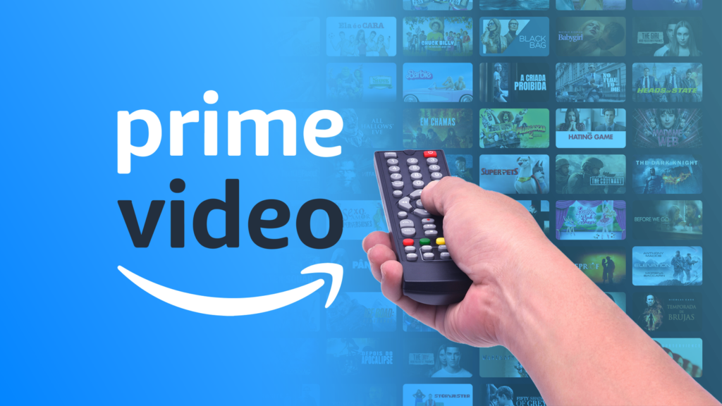 a hand holding a tv remote pointed at the prime video logo with blurred movie thumbnails in the back.png