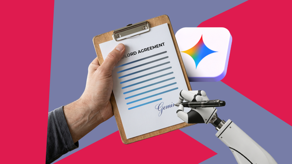 I in the end perceive my hire settlement, and I most effective needed to ask Gemini a human hand holding a clipboard with a landlord agreement document being signed by a robotic arm fe.png