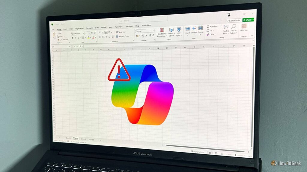 a laptop screen showing an excel spreadsheet with the microsoft copilot logo and a red warning trian.jpeg