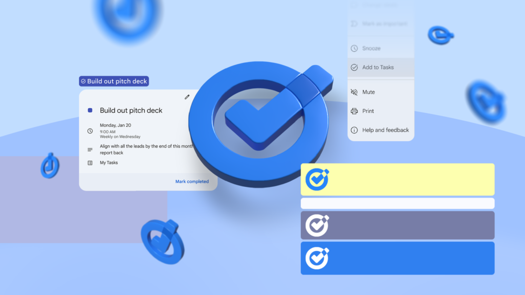 a large 3d google tasks icon surrounded by floating interface elements like a task card and an add t.png