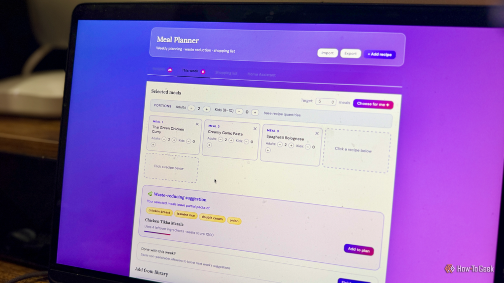 a meal planner on a macbook showing selected meals and a suggestion for a recipe that uses up leftov.png