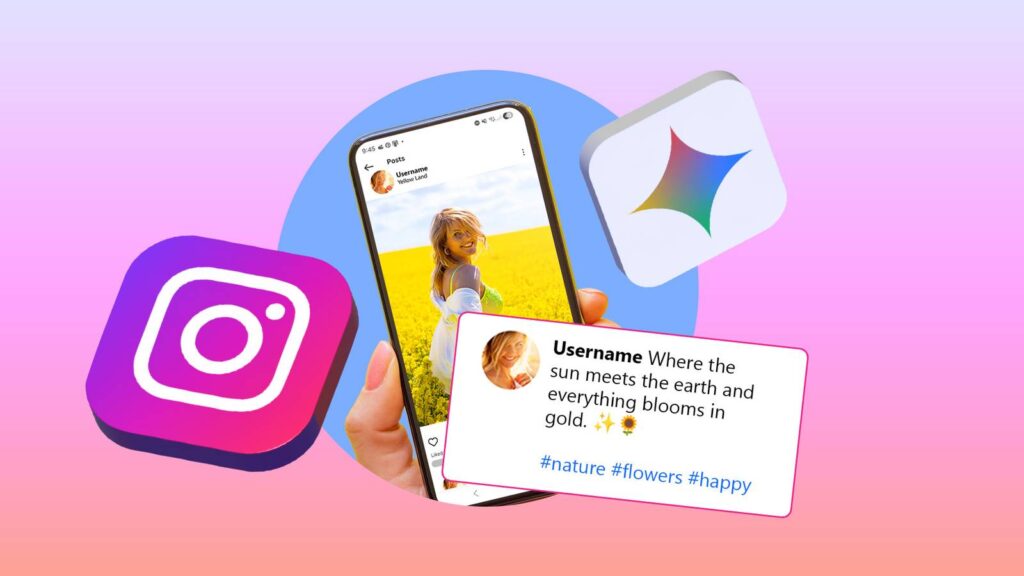 a smartphone displaying an instagram post with an ai generated caption positioned between icons for.jpeg
