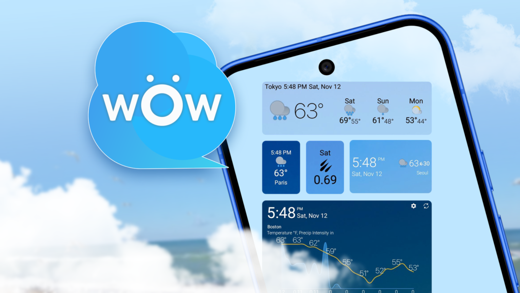 a smartphone displaying weather widgets from the weawow app next to its blue cloud shaped logo again.png