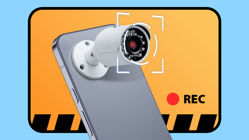 a smartphone with a cctv security camera attached to its back set against a yellow background with a.png