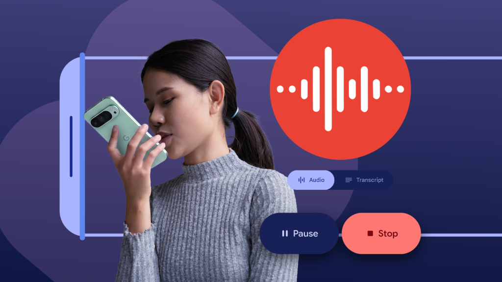 a woman speaking into her phone next to the google recorder icon and recording controls on a purple.png