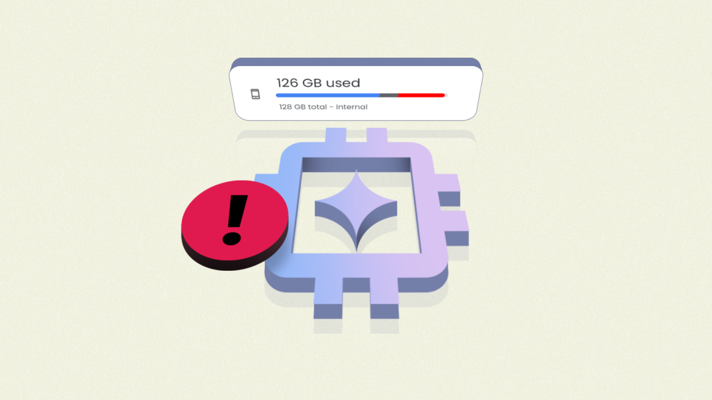 aicore logo with a storage status bar showing 126 gb of 128 gb used and a red exclamation warning sy.png