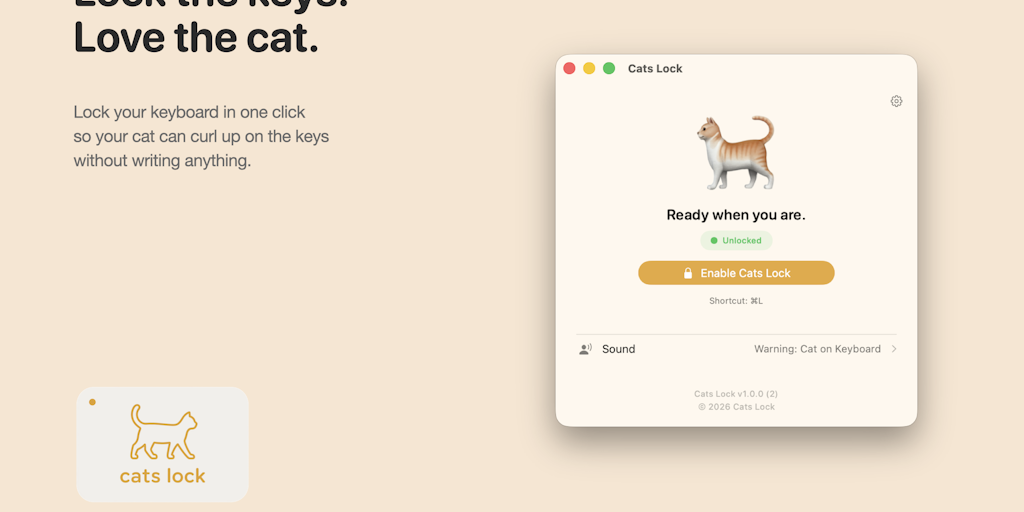 Lock your Mac keyboard so your cat can stroll on it. | Cats Lock c1e49f4a a9b4 4fb5 8b7a 9e867a346b61.png