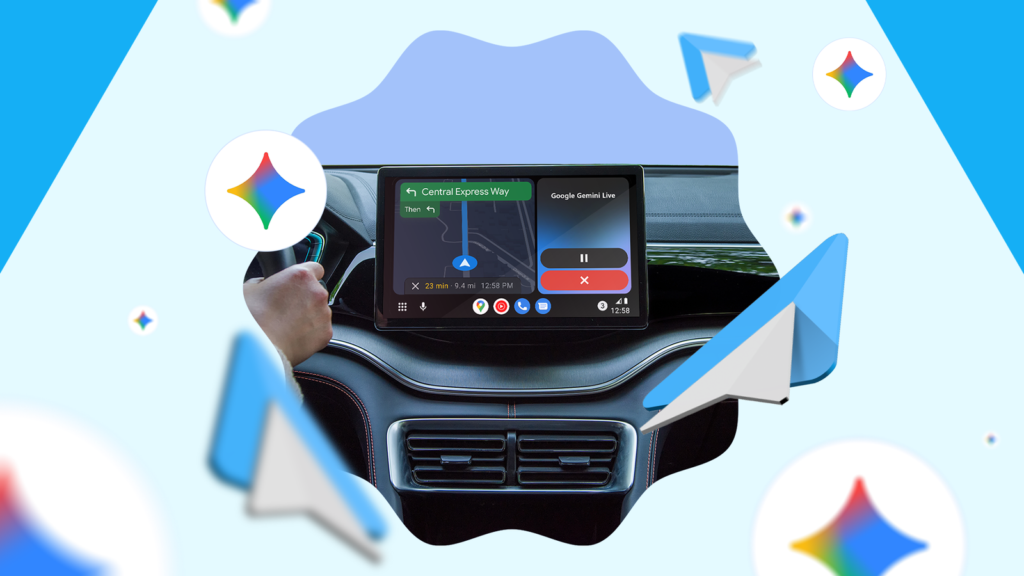 car dashboard displaying android auto navigation and google gemini live surrounded by android auto a.png
