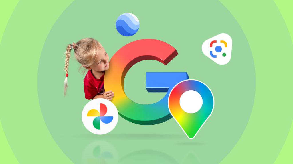 child peeking around a google logo with google photos google maps google earth and google lens icons.png