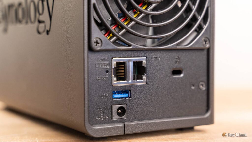 close up of the rear ports and cooling fan on the synology ds225 plus nas.jpg