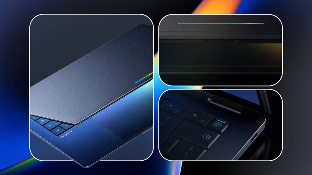 close up renders of a dark googlebook laptop showing the lid hinge and fingerprint sensor on a futur.jpeg