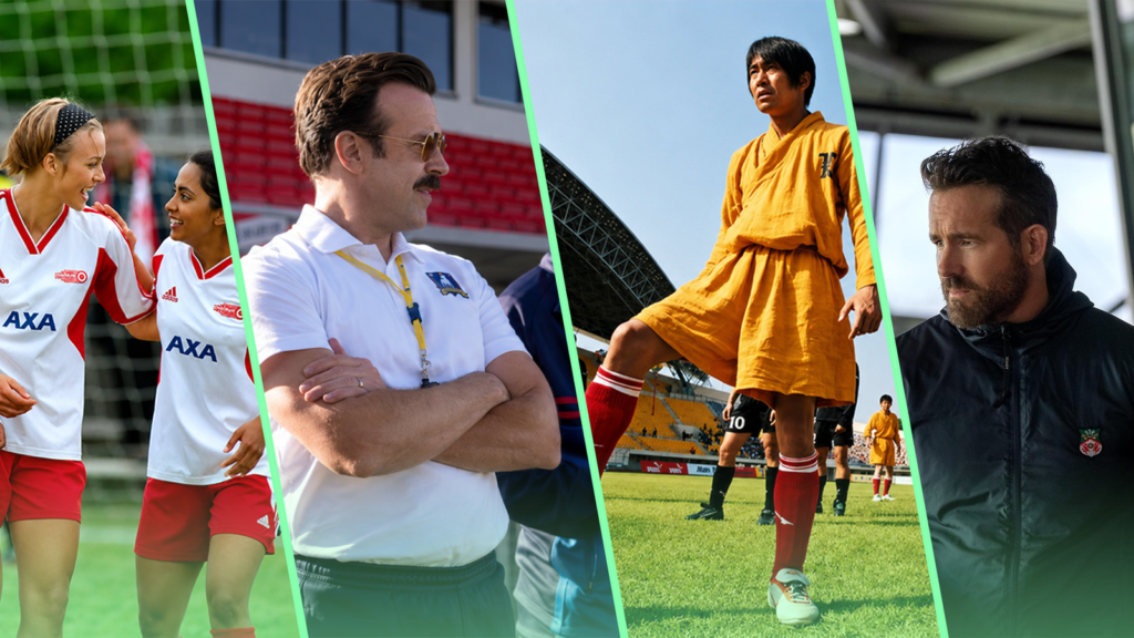 collage featuring scenes from bend it like beckham ted lasso welcome to wrexham and shaolin soccer.p.png