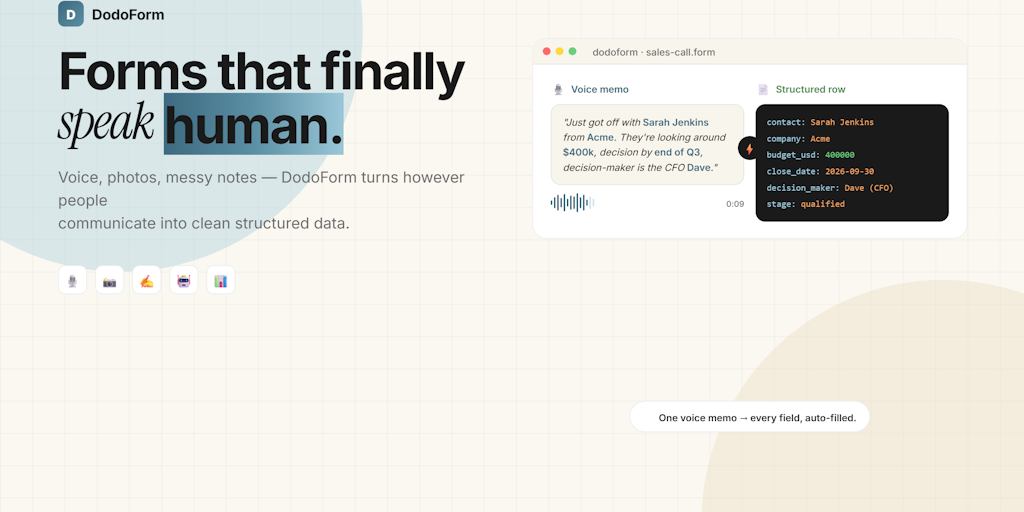 Flip speaking, pics, or scribbles into blank, structured knowledge - DodoForm df31d4b4 f851 413a a904 6cfbf131a6f2.png