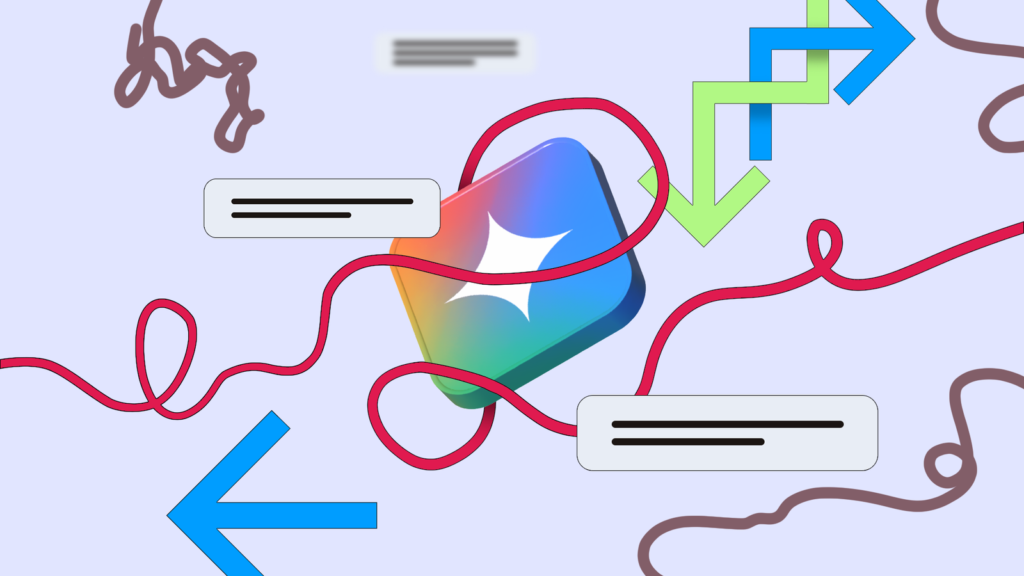 gemini icon tangled in messy scribbles and arrows representing cluttered chat context.png