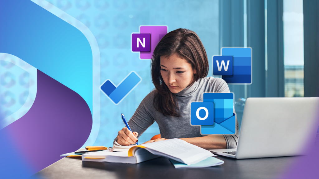 girl studying at a desk with a laptop and open books surrounded by microsoft 365 app icons.png