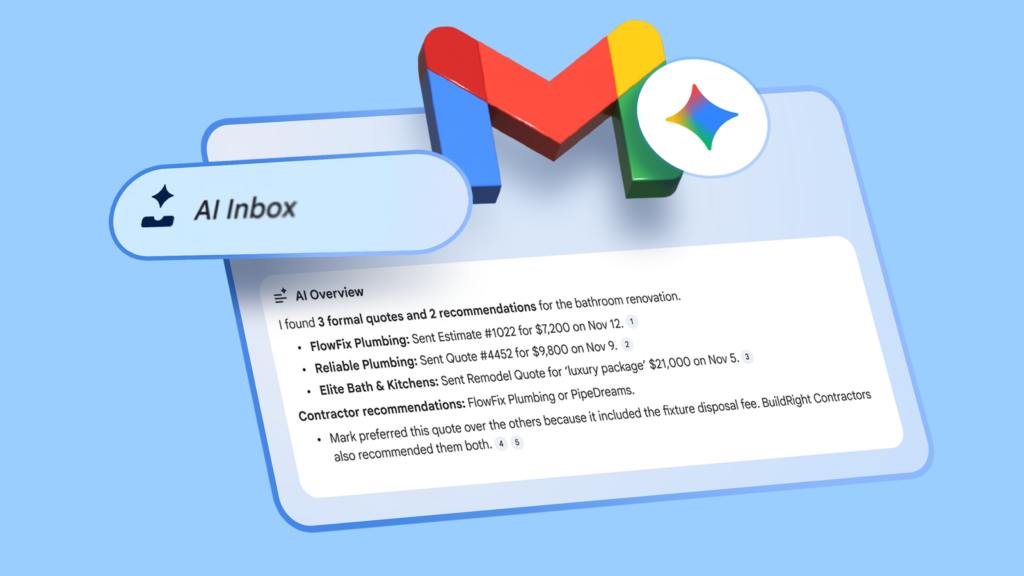 gmail and gemini logos floating over a digital card displaying an ai overview summary of emails agai.png