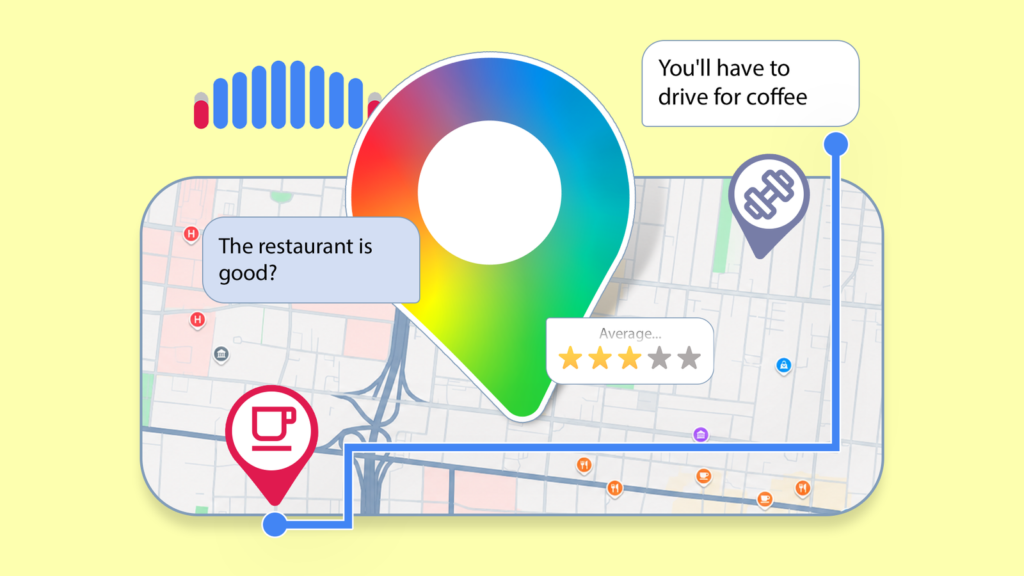 google maps pin over a neighborhood map with review ratings popular times graph and nearby business.png