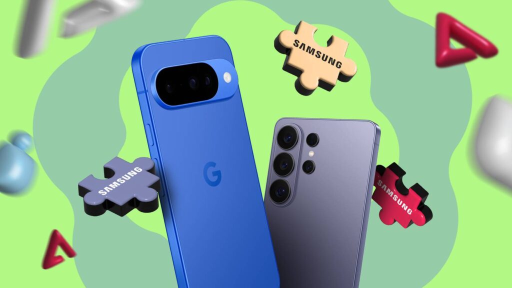 google pixel phone beside a samsung galaxy phone with floating samsung puzzle pieces symbolizing mis.jpeg