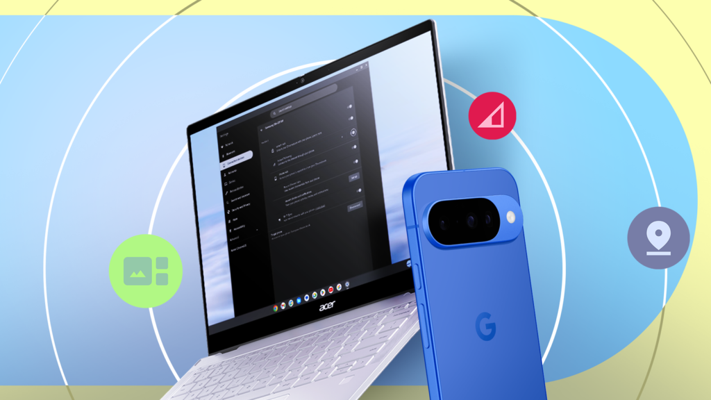 google pixel phone connected to a chromebook through phone hub features with icons for photos hotspo.png