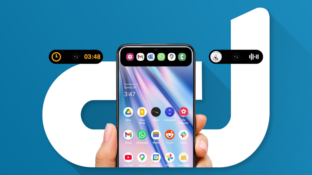 hand holding an android phone with dynamicspot notification pop ups displayed near the camera cutout.png