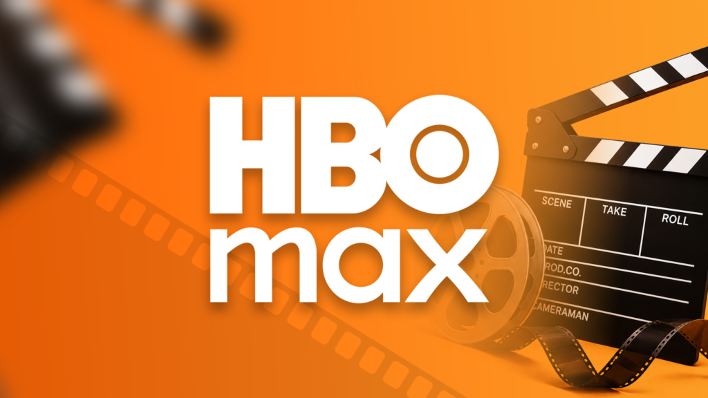 hbo max logo over an orange background with film reels a clapperboard and movie film strips.png