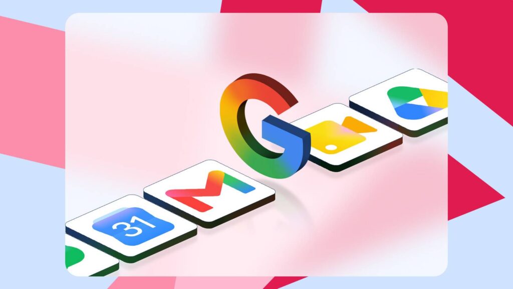 isometric view of google app icons including gmail calendar drive and meet behind a large 3d google.jpeg